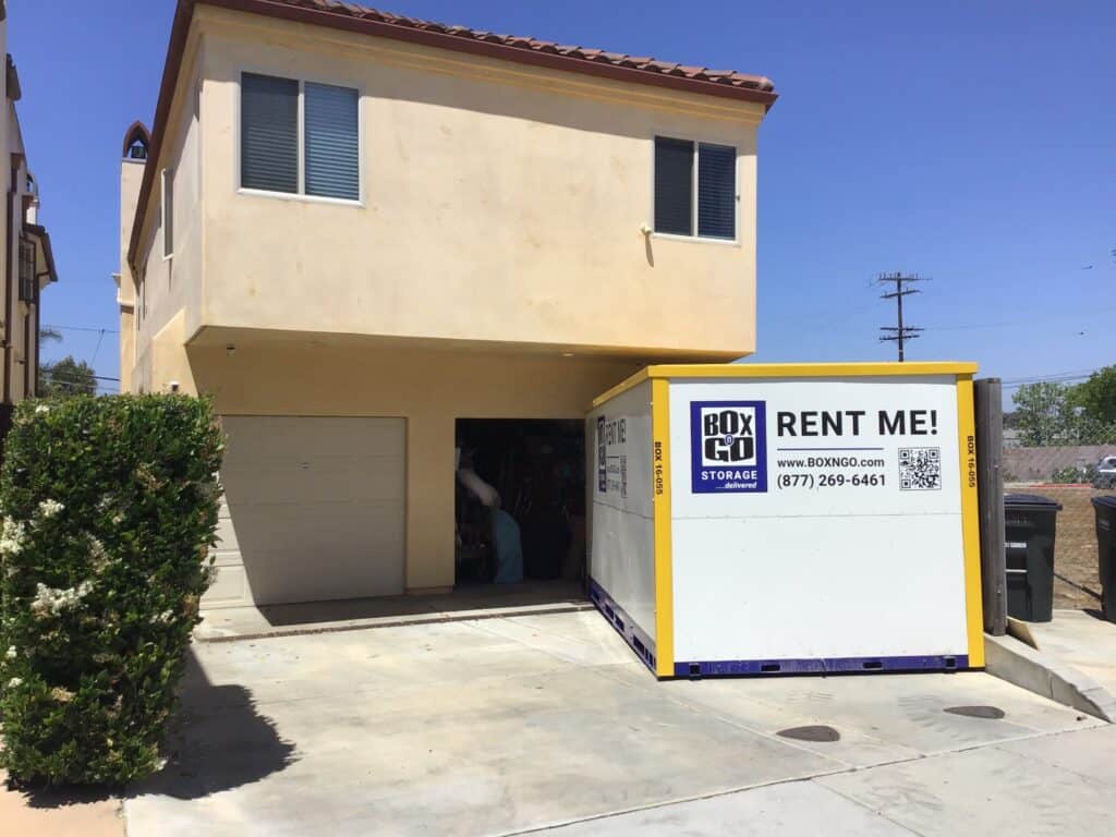 Box-n-Go storage container in a Toluca Lake townhome driveway