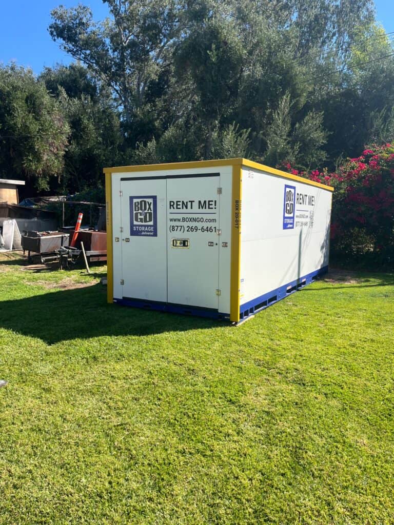 Portable storage units Valencia container on residential lawn
