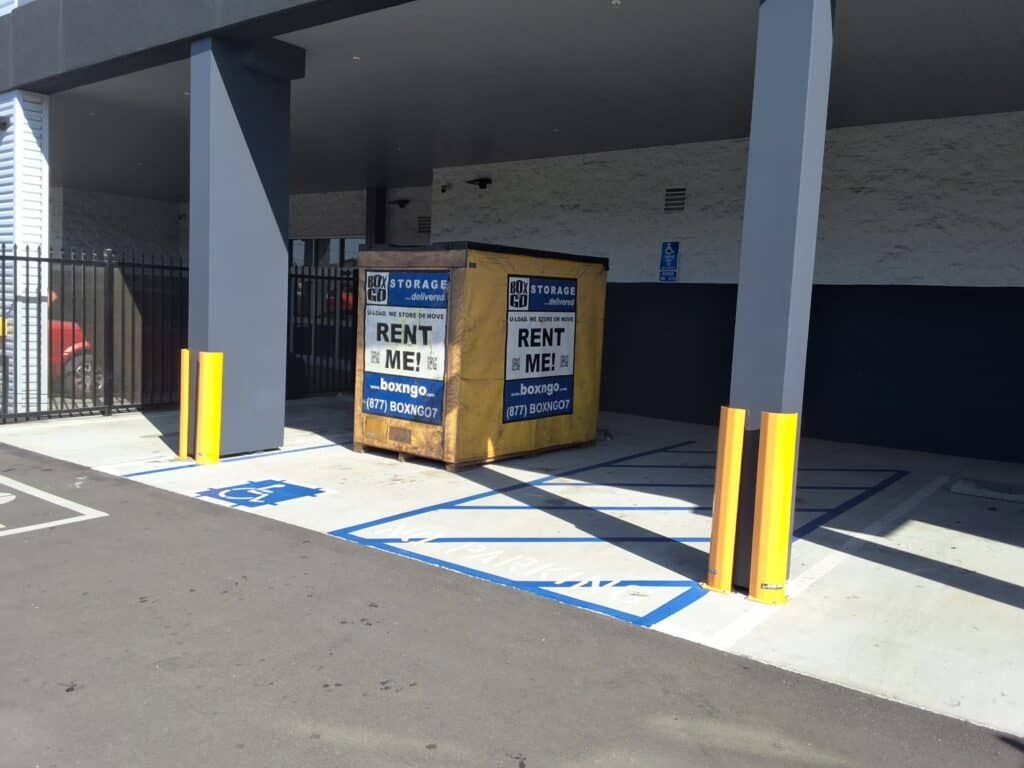 Box-n-Go portable storage box placed in a sheltered parking area near Westlake Village, CA.