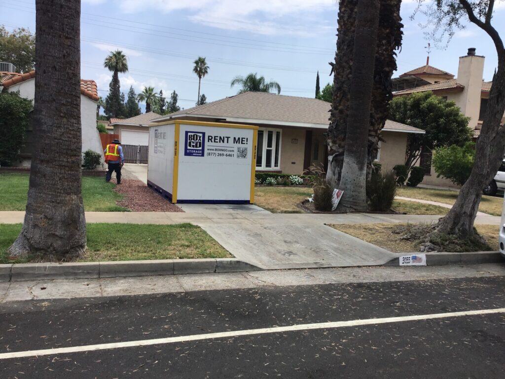 Portable storage Reseda container parked in residential driveway