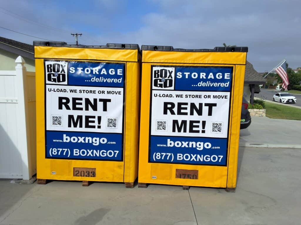 Yellow portable storage units Panorama City in suburban driveway