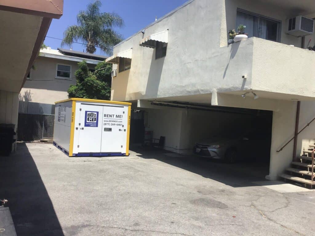 Portable storage unit in Thousand Oaks commercial parking lot