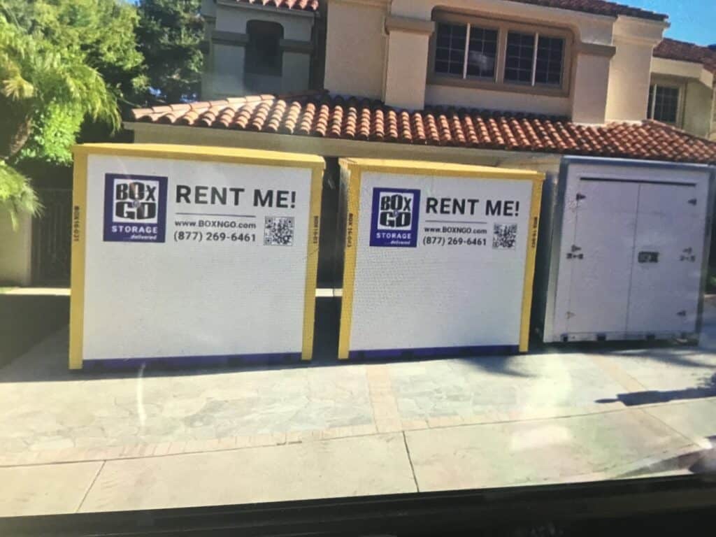 Two Box-n-Go portable self storage units placed in front of a home in Westlake Village, CA.
