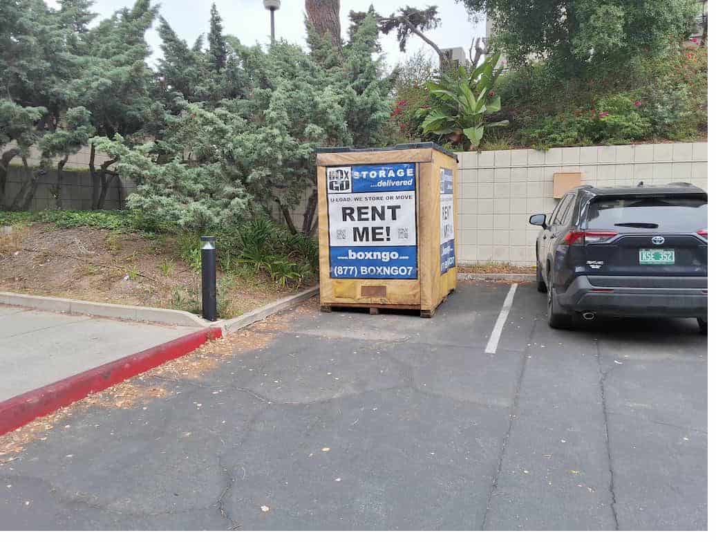 Box-n-Go container providing storage near Azusa Pacific University in a lot.