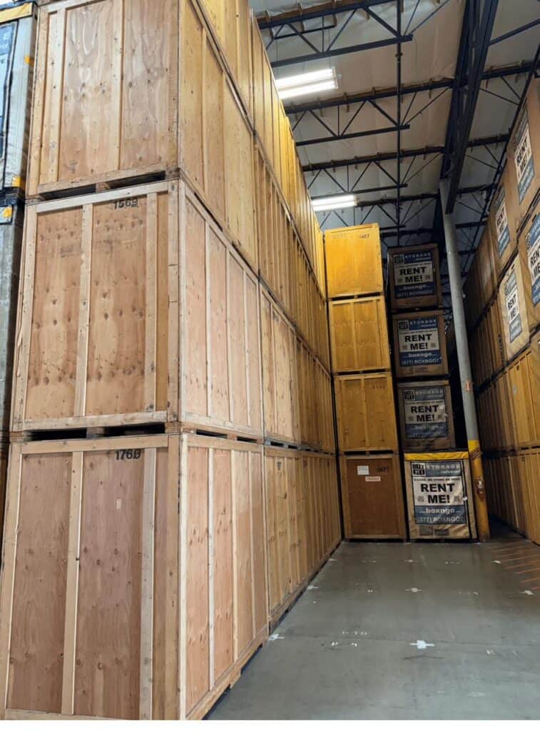 Interior of Box-n-Go's Southern California warehouse where portable storage containers are kept indoors under Facility Storage Protection Plan coverage.