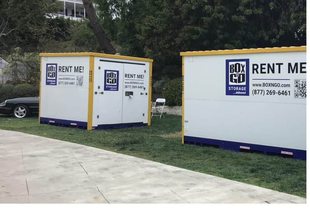 Box-n-Go metal storage containers placed on a residential Southern California property next to a driveway