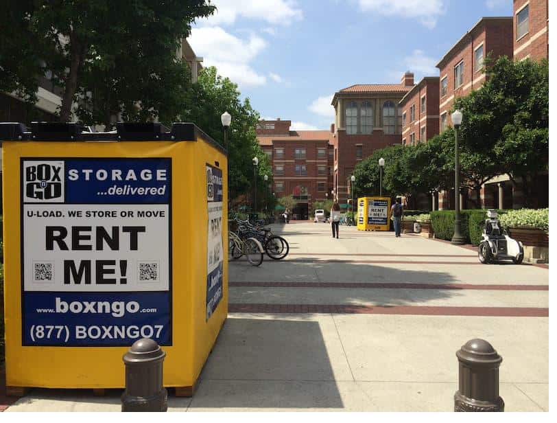 Box-n-Go Flex portable storage container staged on the USC campus walkway during student move-out.