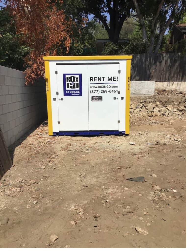 Box-n-Go XL metal storage container at a construction site, showing on-site storage for contractors and businesses