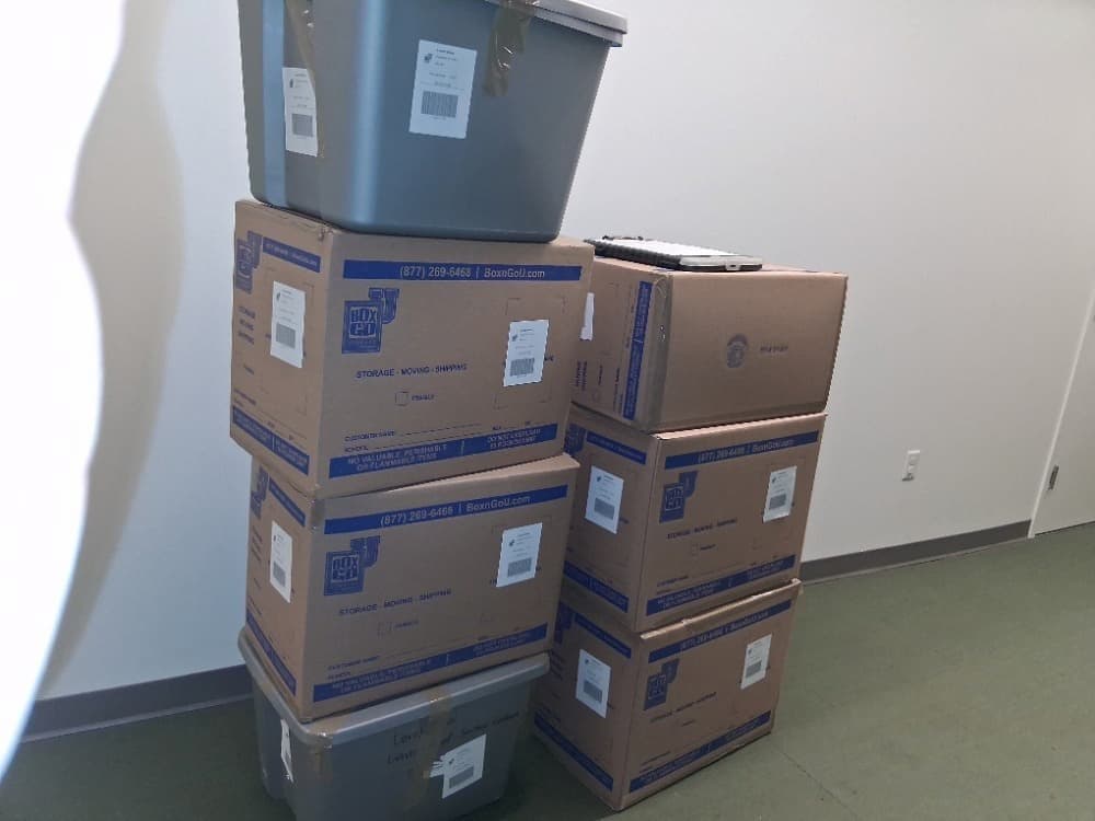 Labeled Box-n-Go cartons stacked against a bare wall with a gray lidded tote on top and a second one beneath, packed for TMU dorm storage.